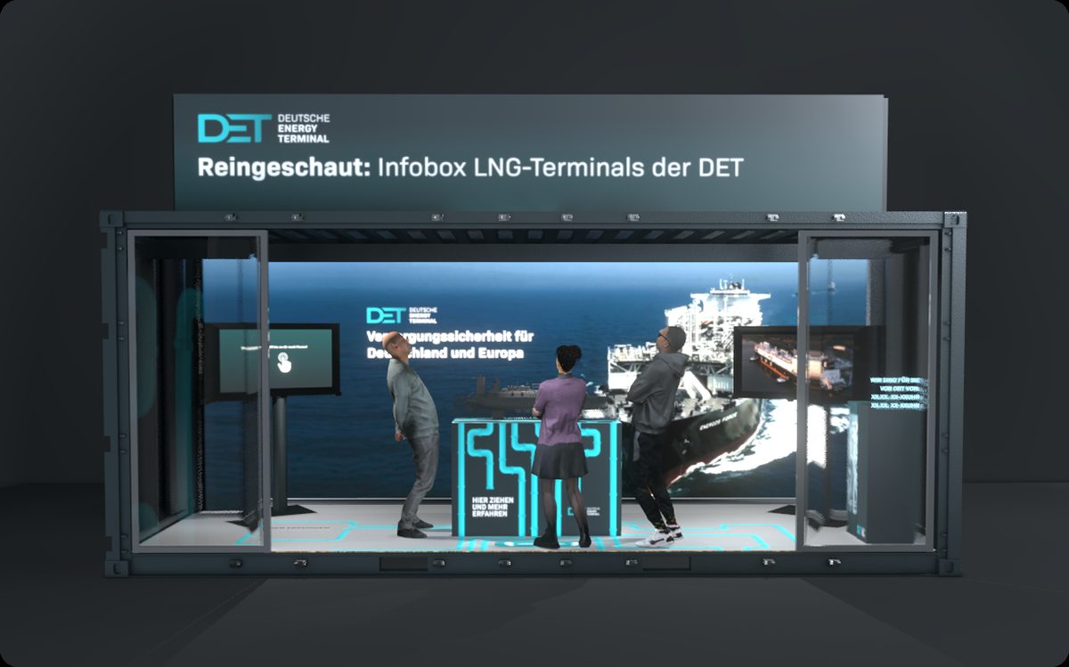 Render of the DET Infobox, a walk-in LNG terminal exhibition container